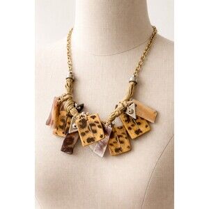 Boho Statement Necklace Faux Tortoiseshell Resin Cord Gold Tone Chain
